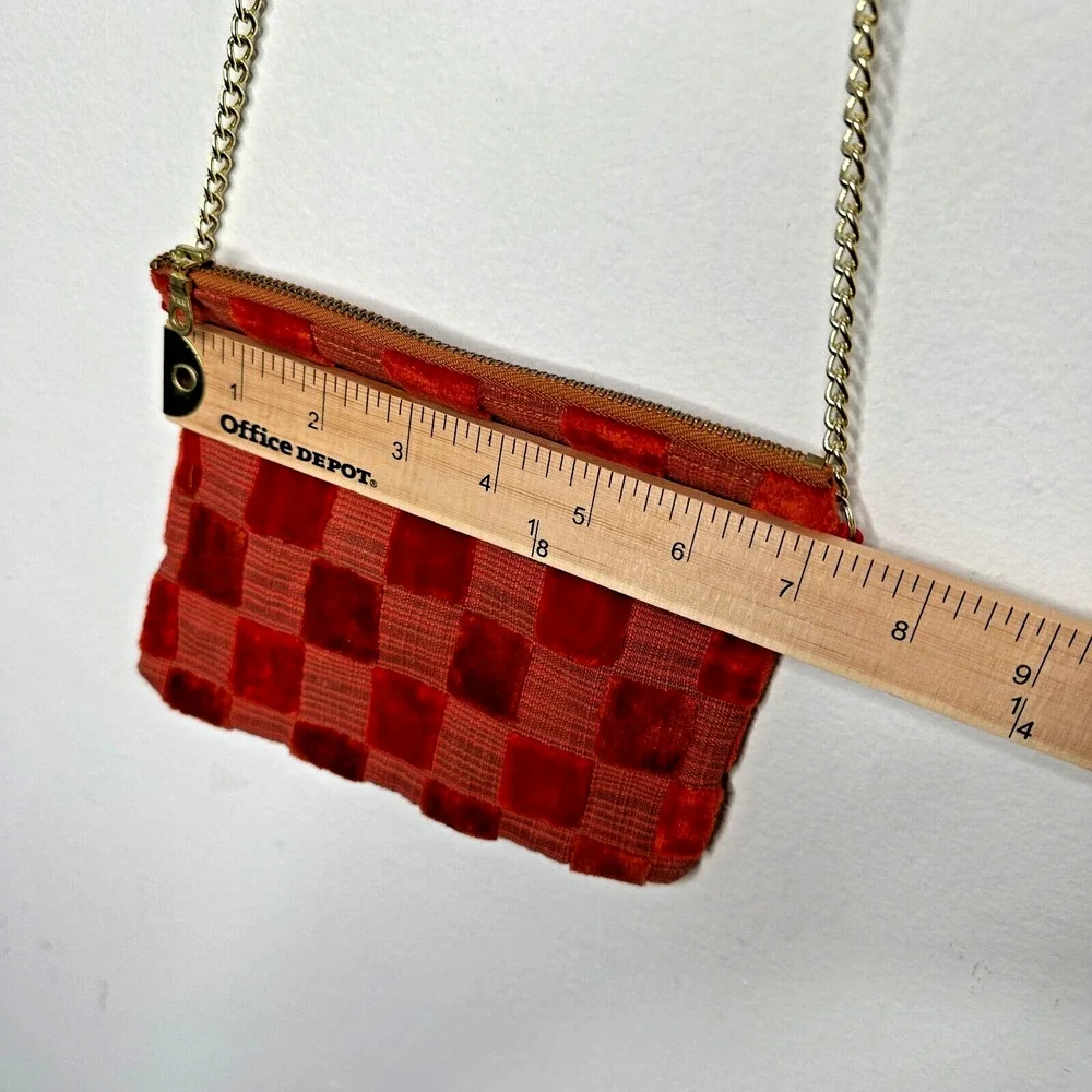 Rust Orange Velvet Checked Gold Chain Strap Zipper Top Slim Mini Purse